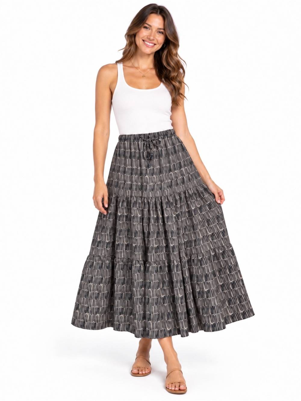 Adrianna Papell Tiered Midi Skirt S Black Ivory Geometric Flowy Boho Drawstring